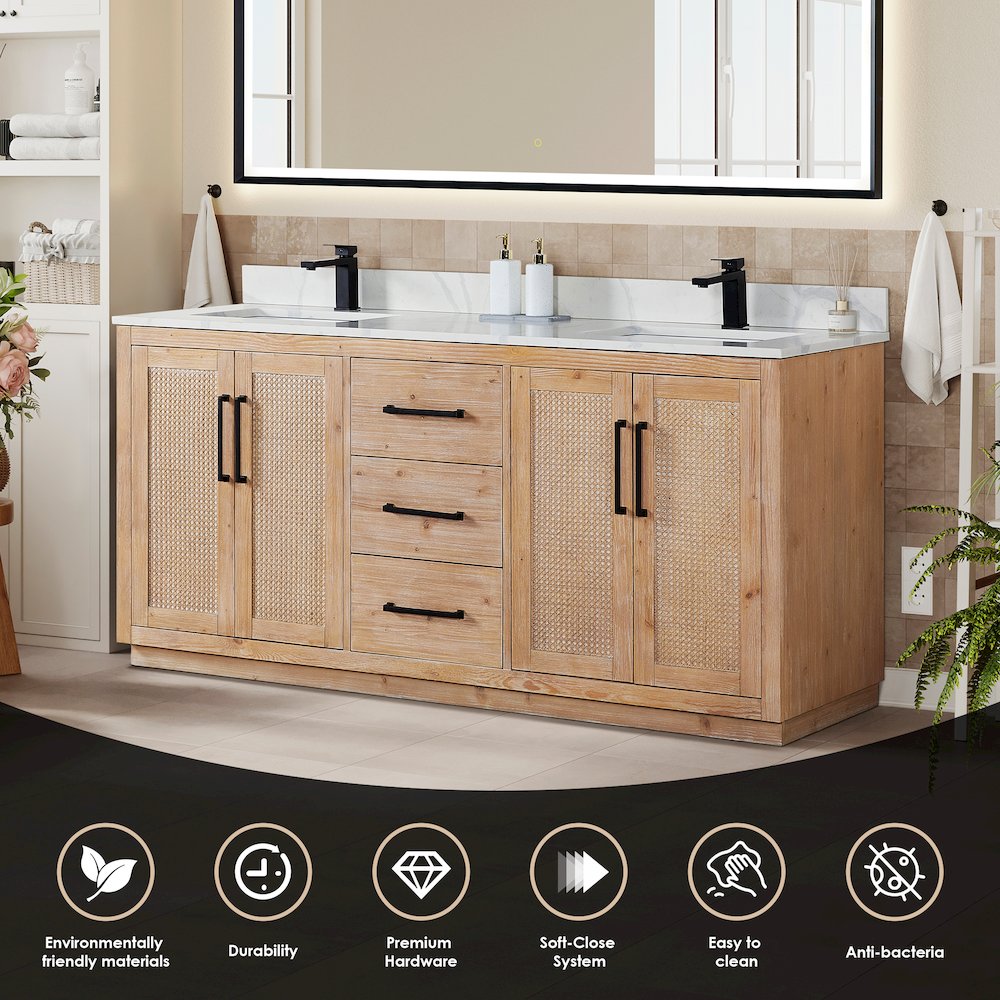 72" Double Bathroom Vanity with Calacatta White Quartz Countertop with Mirror
