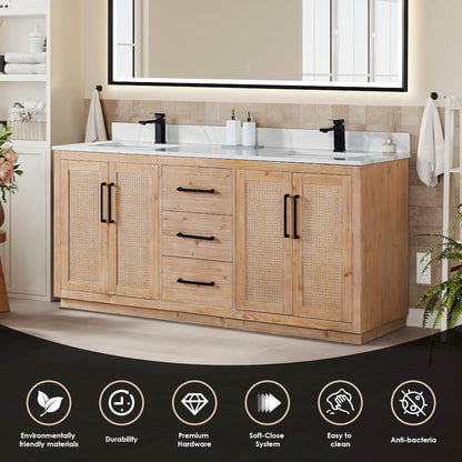 72" Double Bathroom Vanity with Calacatta White Quartz Countertop with Mirror
