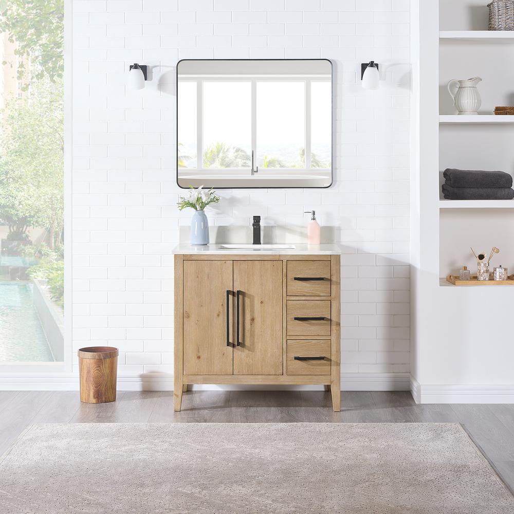 Single Bathroom Vanity in Weathered Fir with Stone Countertop with Mirror