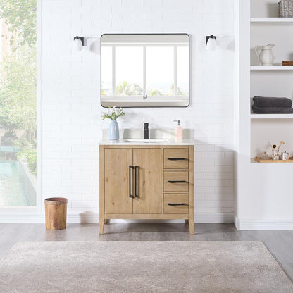 Single Bathroom Vanity in Weathered Fir with Stone Countertop with Mirror