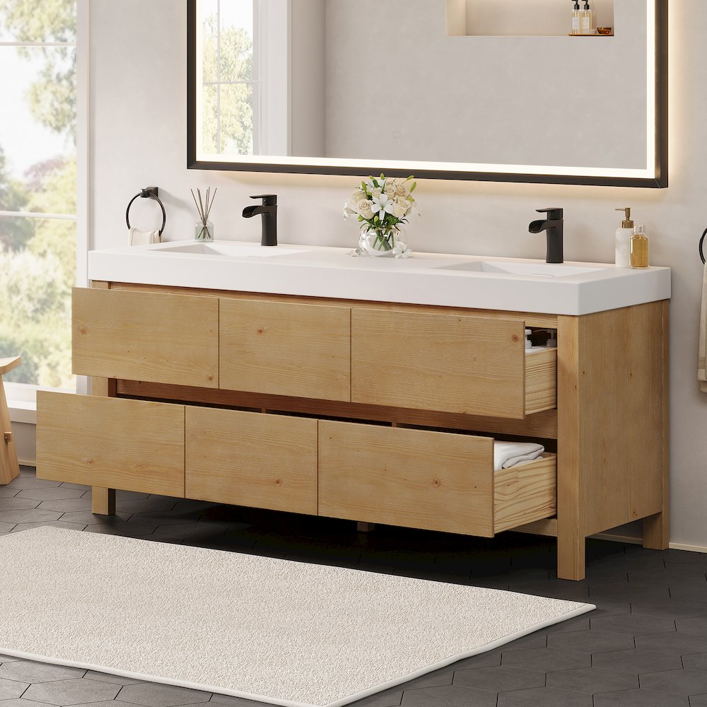72" Double Bathroom Vanity in with White Artificial Stone Integrated Sink