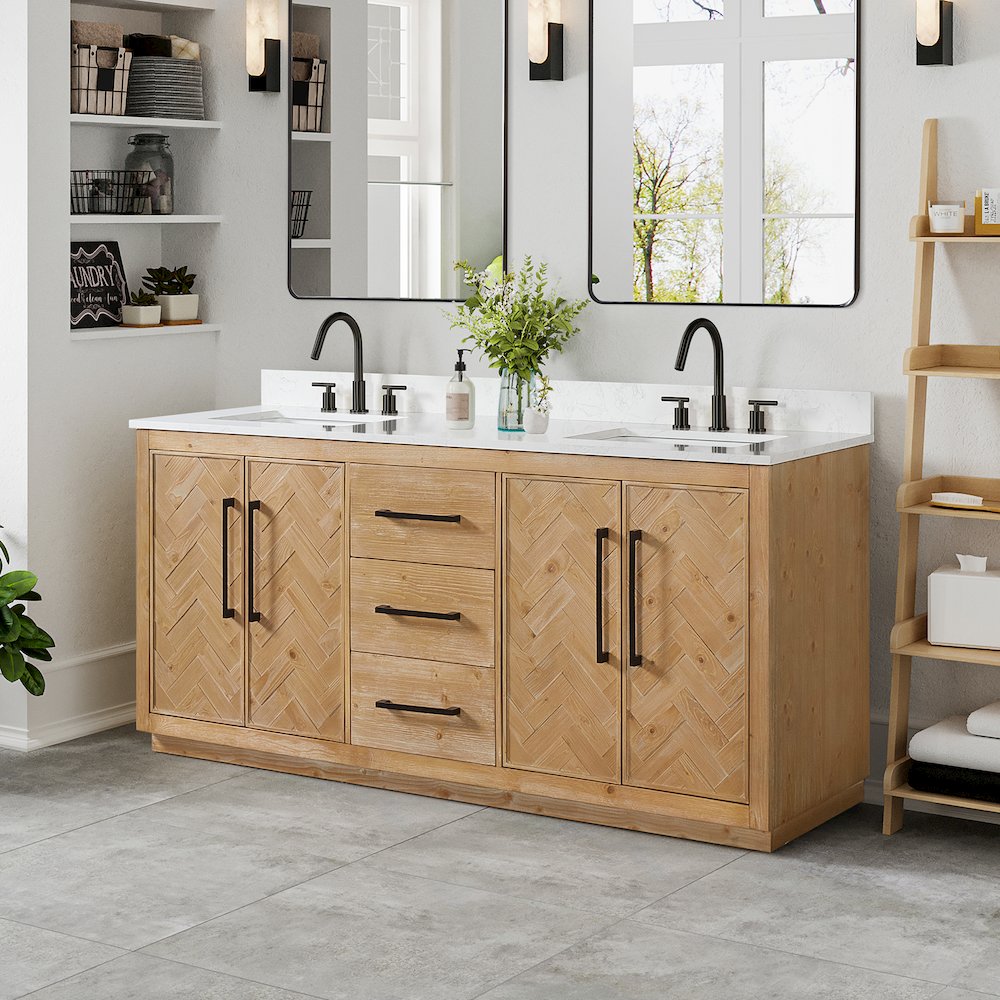72" Double Bathroom Vanity Grain White Engineered Stone Countertop