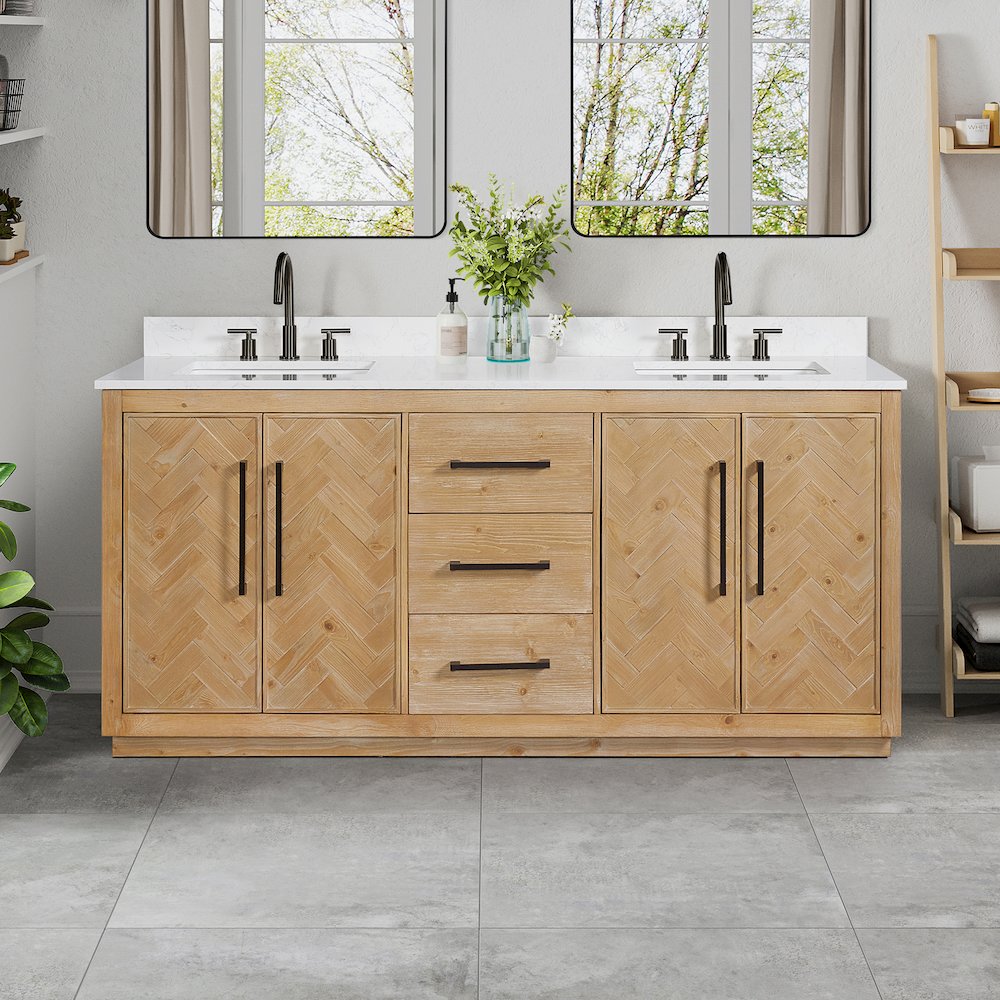 72" Double Bathroom Vanity Grain White Engineered Stone Countertop