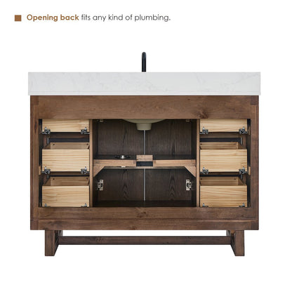 48" Single Bathroom Vanity in Brown Brushed Oak with Grain White