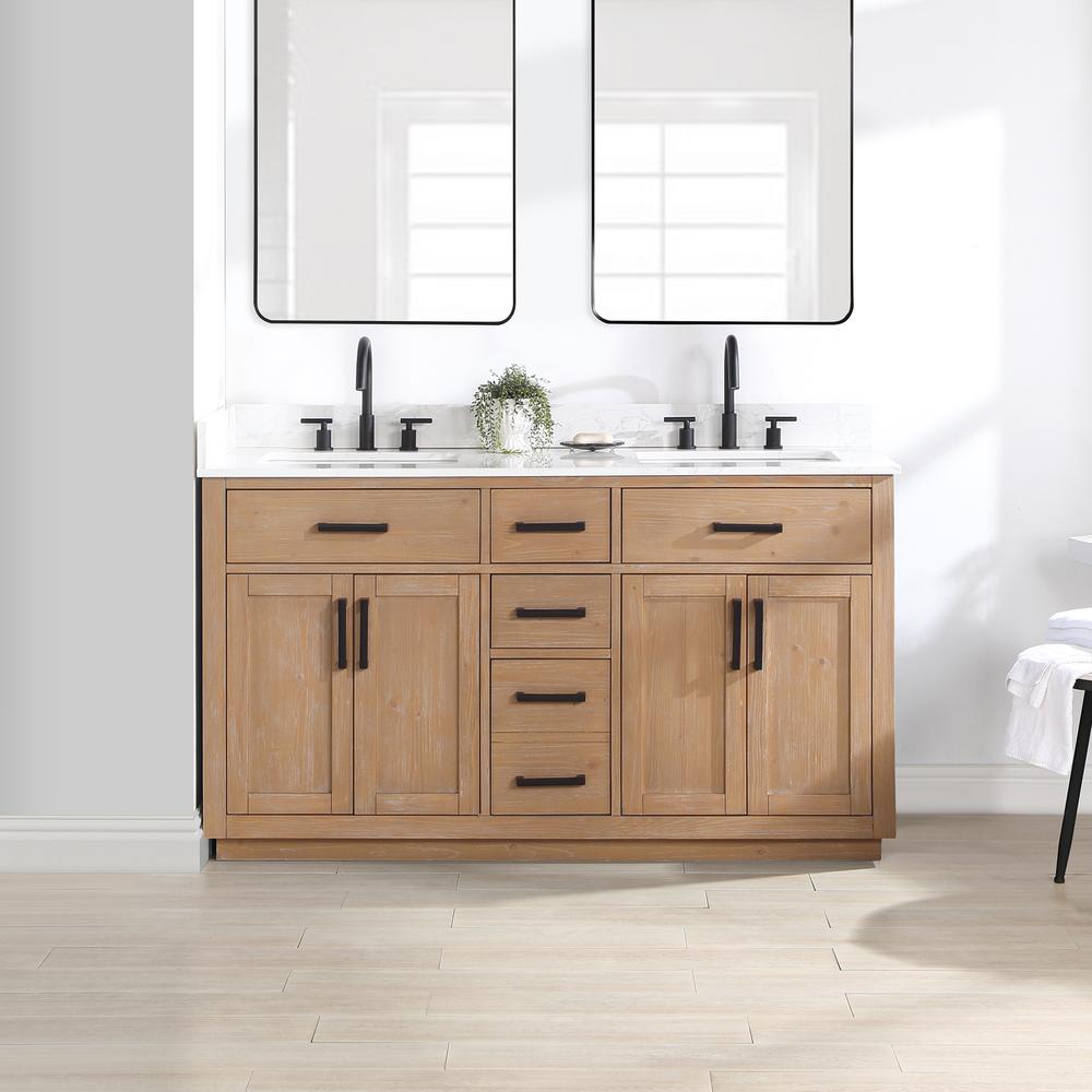 60" Double Bathroom Vanity in Light Brown without Mirror