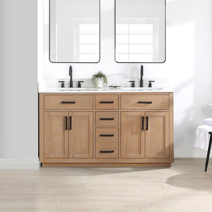 60" Double Bathroom Vanity in Light Brown without Mirror