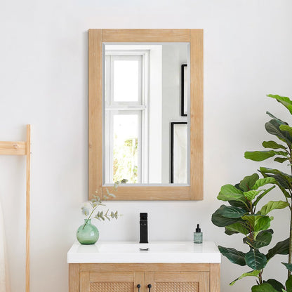 24" Rectangular Bathroom Wood Framed Wall Mirror in Light Brown