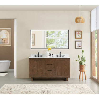 60" Double Bathroom Vanity in Brown Brushed Oak with Grain White