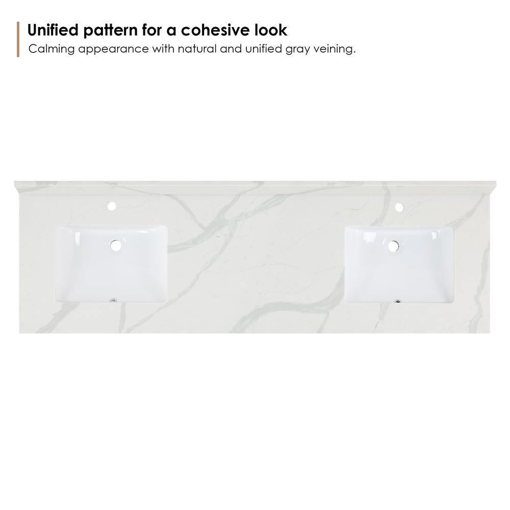 Arbios 72. in Quartz Stone Vanity Top in Calacatta White with White Sink