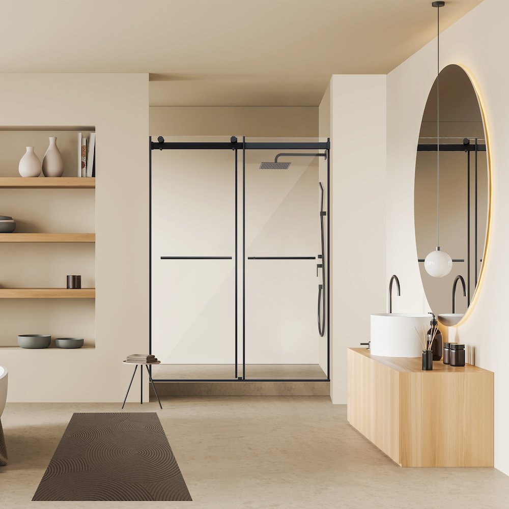 Frameless Exposed Roller Shower Door in Matte Black with Clear Glass