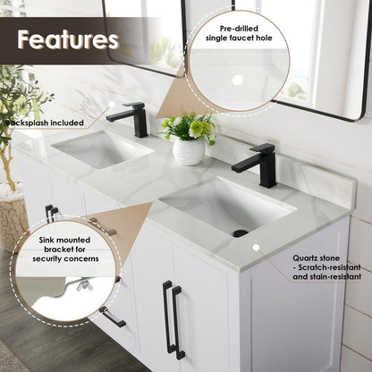 Double Bathroom Vanity in White with White Quartz Stone Countertop with Mirror
