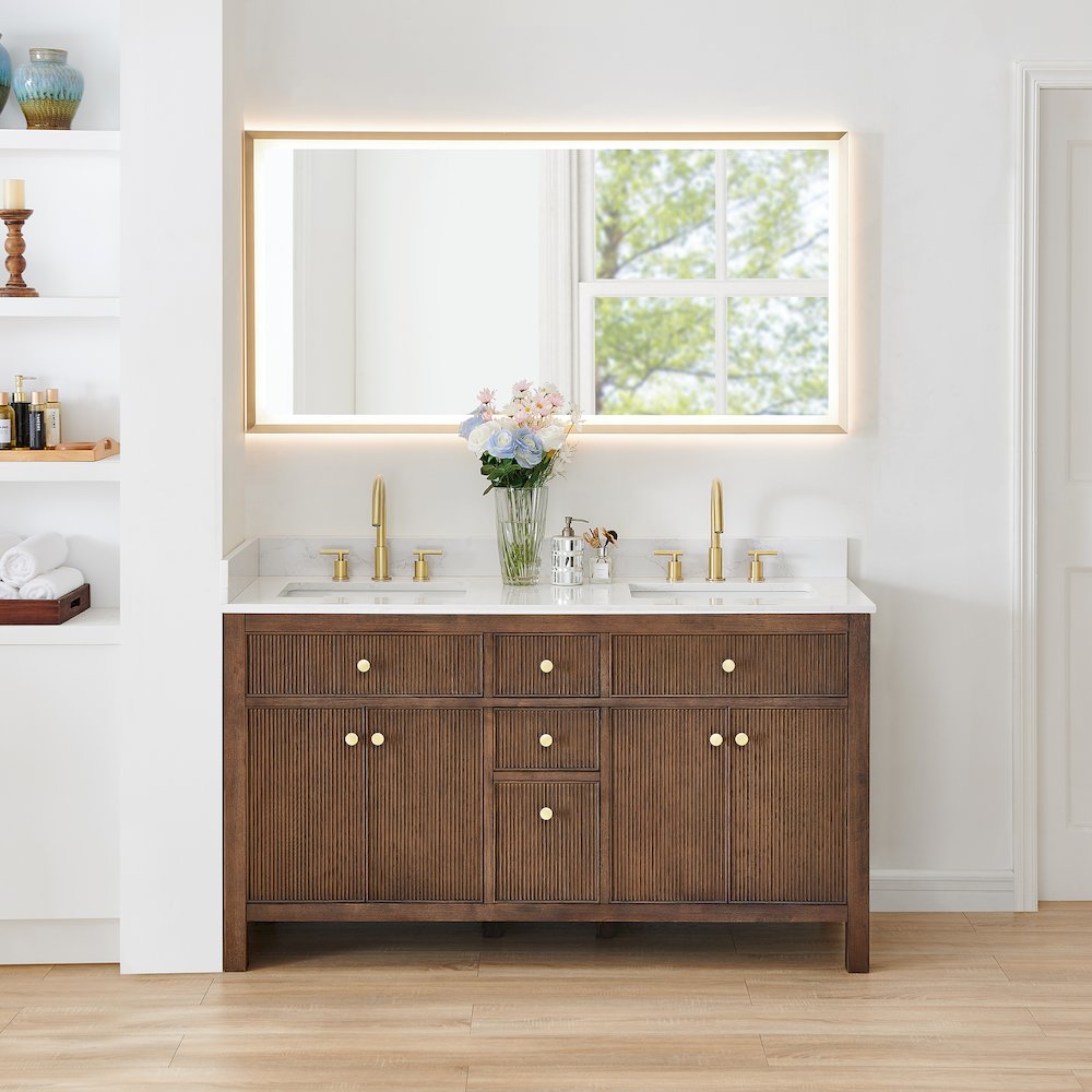 Double Bathroom Vanity in Brown Oak Grain White Engineered Stone Countertop