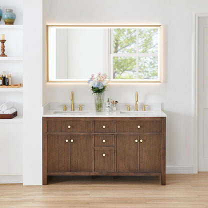 Double Bathroom Vanity in Brown Oak Grain White Engineered Stone Countertop