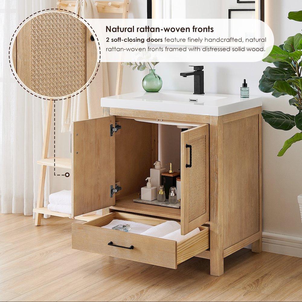 Single Bathroom Vanity in Light Brown White Artificial Drop-in Sink