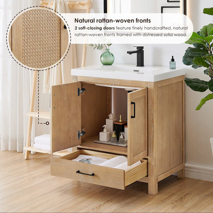 Single Bathroom Vanity in Light Brown White Artificial Drop-in Sink