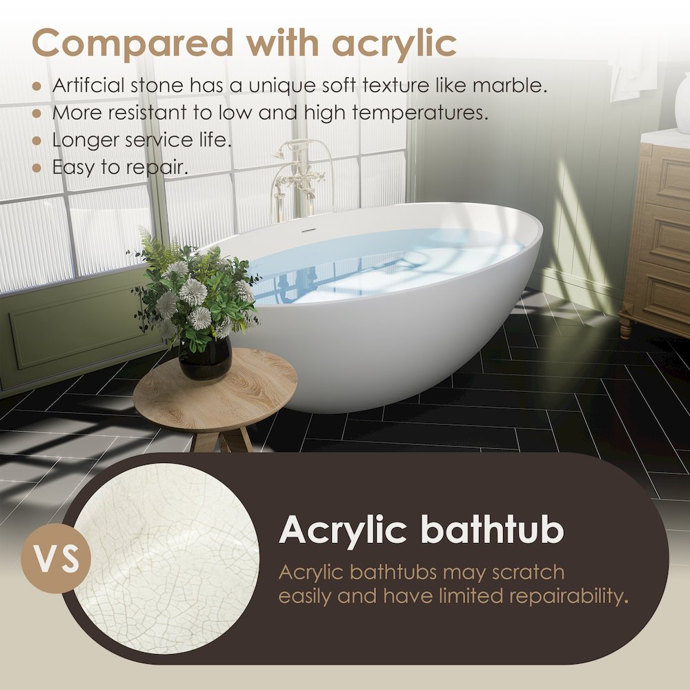67" x 39" Solid Surface Soaking Bathtub in Matte White and Integrated Overflow