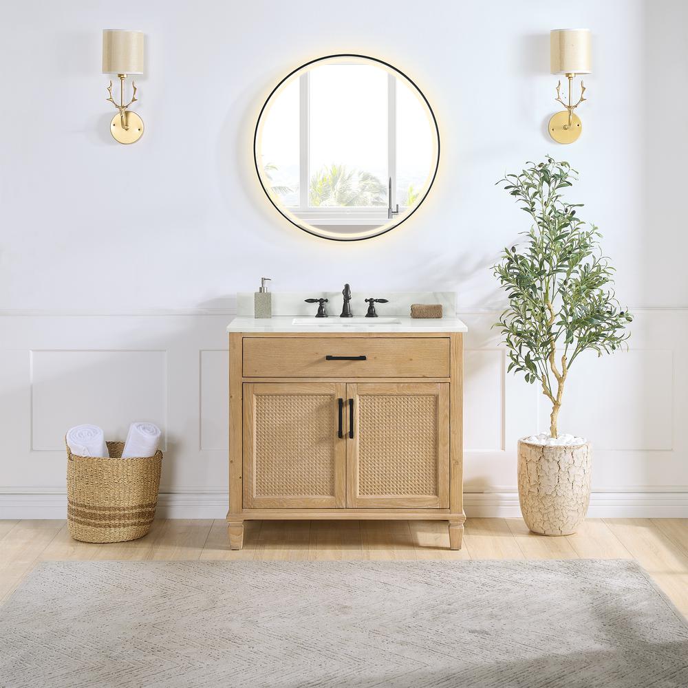 Single Bathroom Vanity in Weathered Fir with Stone Countertop with Mirror