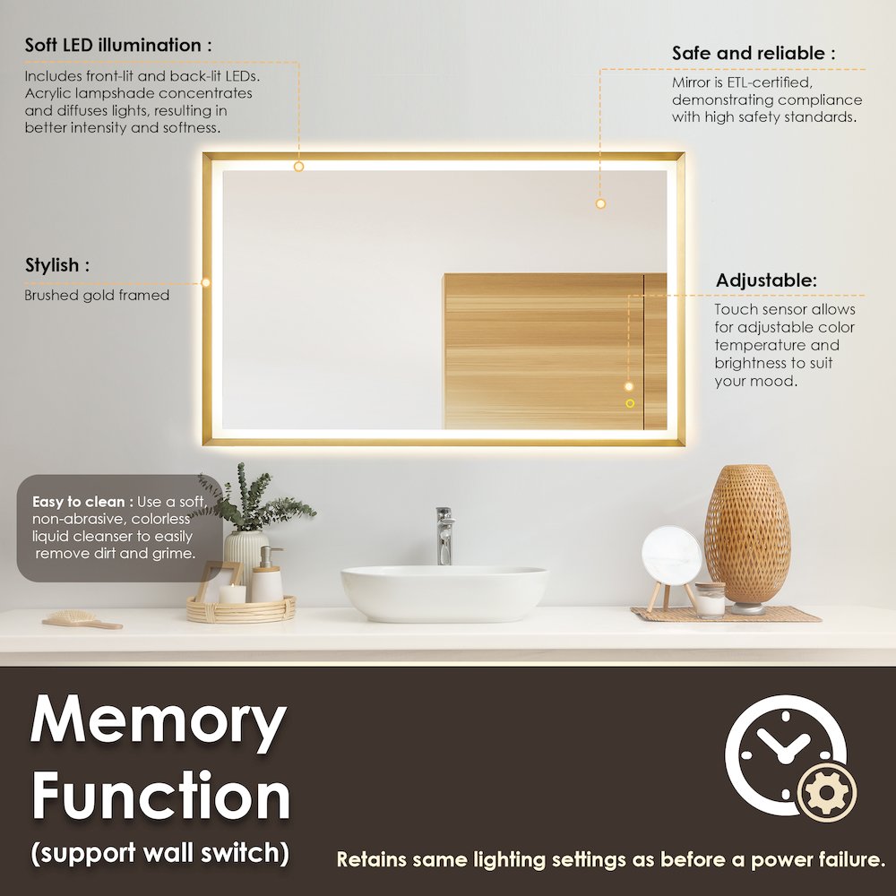 48"x30" Rectangular Wall Mirror in Brushed Gold Aluminum Framed