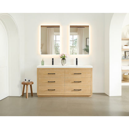 72" Double Bathroom Vanity in White Oak with White Artificial Drop-in Sink