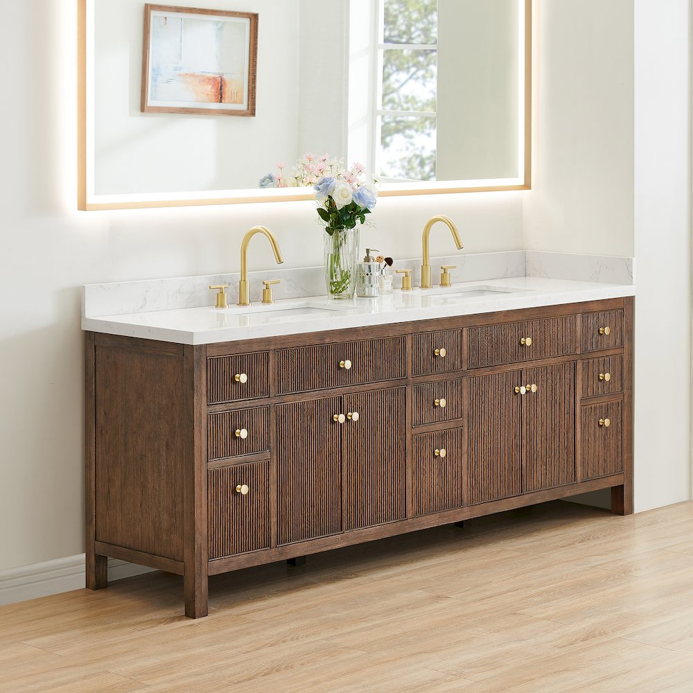 Double Bathroom Vanity in Brown Oak Grain White Engineered Stone Countertop