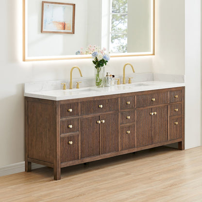 Double Bathroom Vanity in Brown Oak Grain White Engineered Stone Countertop