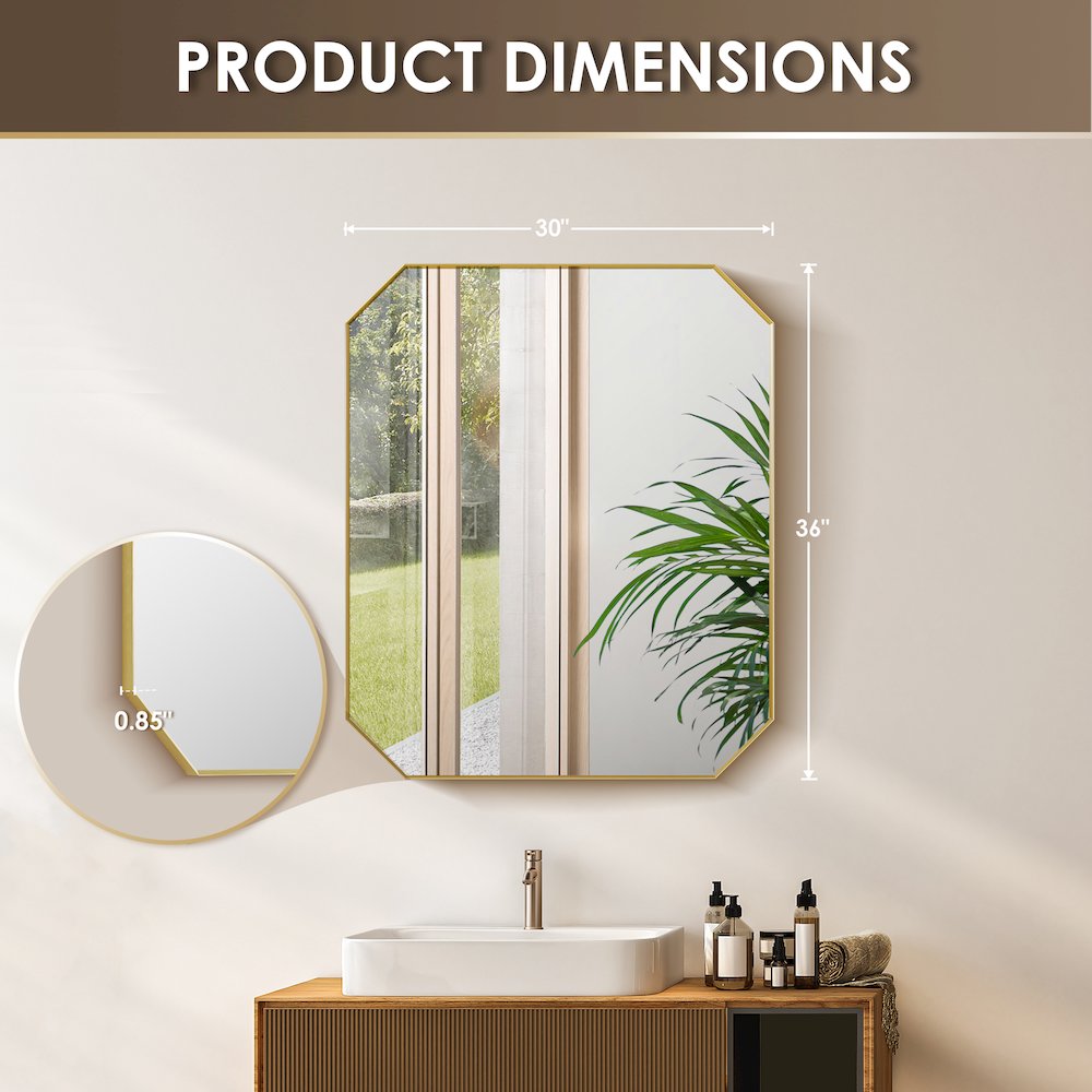 36"x30" Octagon Aluminum Framed in Brushed Gold Modern Bathroom Wall Mirror