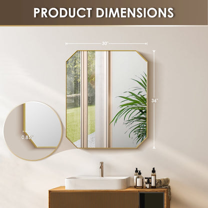 36"x30" Octagon Aluminum Framed in Brushed Gold Modern Bathroom Wall Mirror