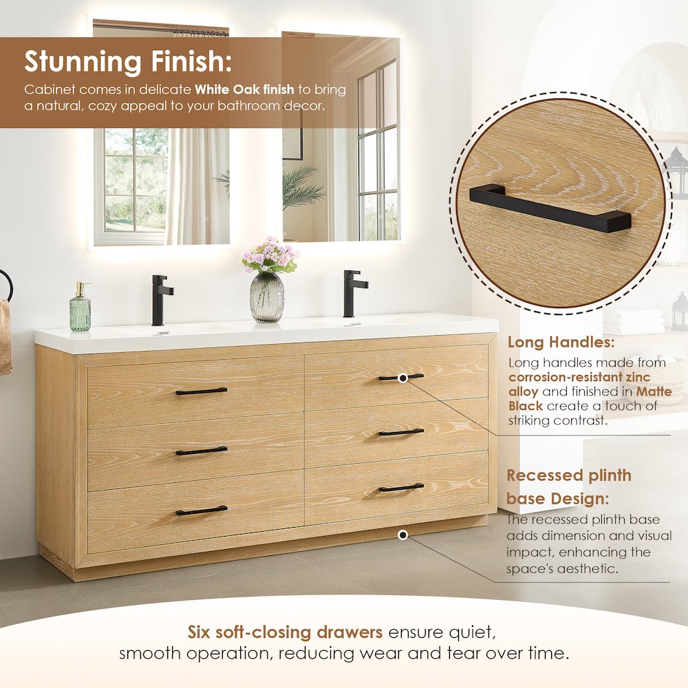 72" Double Bathroom Vanity in White Oak with White Artificial Drop-in Sink