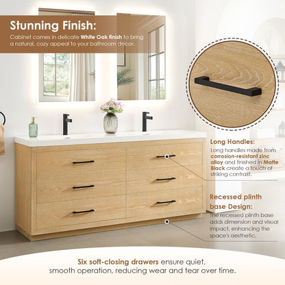 72" Double Bathroom Vanity in White Oak with White Artificial Drop-in Sink