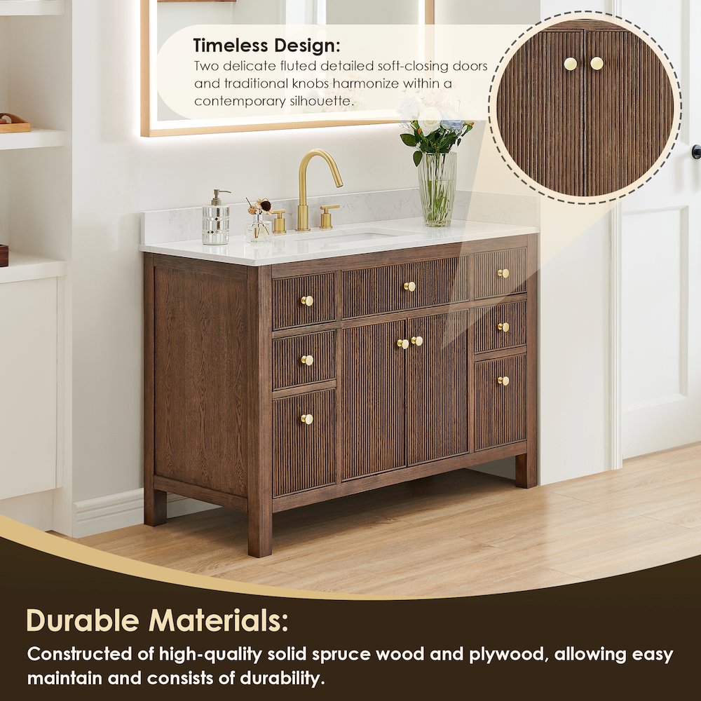 Single Bathroom Vanity in Brown Oak Grain White Engineered Stone Countertop