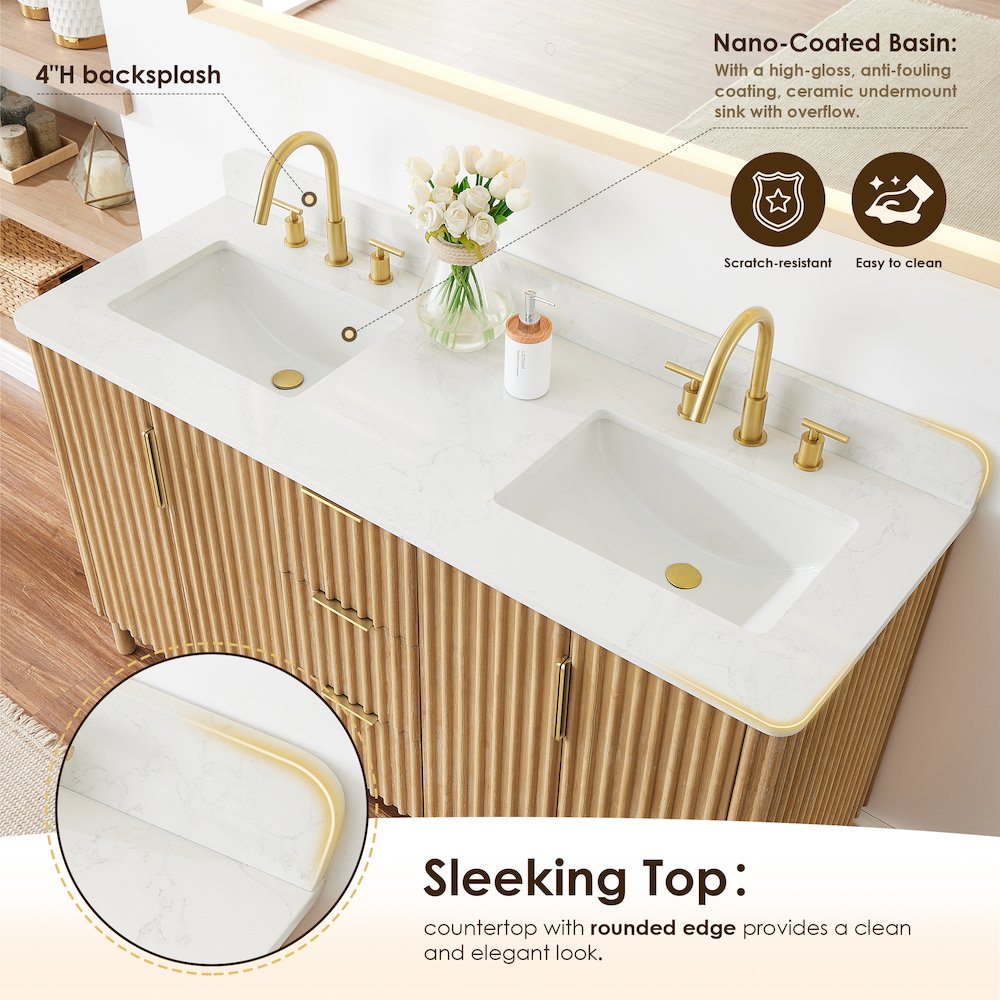 Double Bathroom Vanity in Washing Light Brown Grain White Engineered Stone