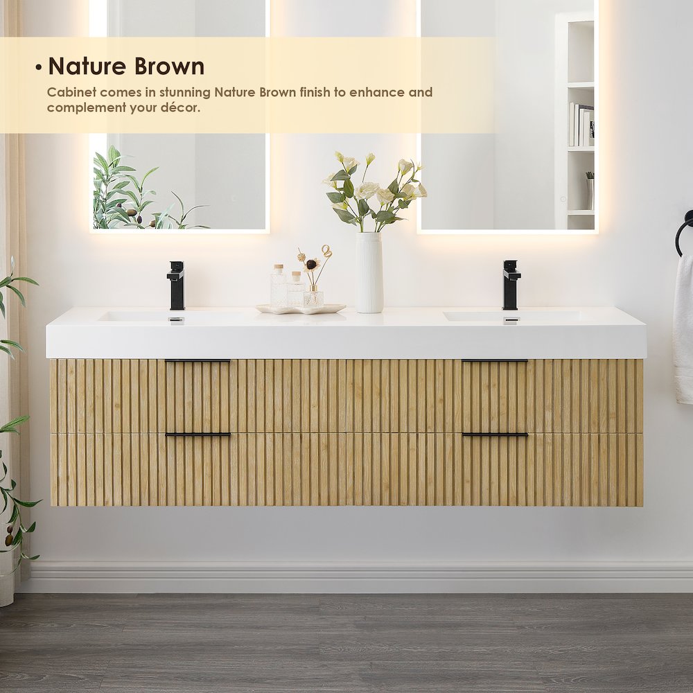 Double Bathroom Vanity in Nature Brown White Artificial Drop-in Sink