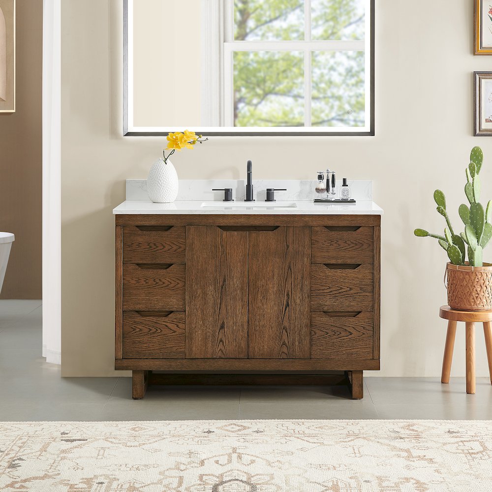 48" Single Bathroom Vanity in Brown Brushed Oak with Grain White
