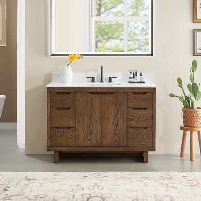 48" Single Bathroom Vanity in Brown Brushed Oak with Grain White