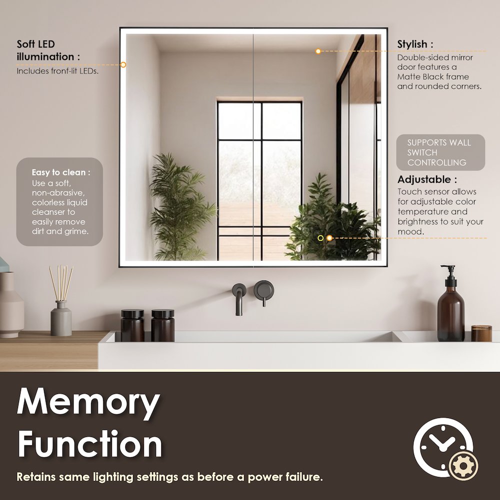 36"x32" Rectangular Bathroom Black Aluminum Mirror Medicine Cabinet