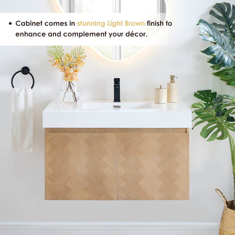 Single Bathroom Vanity in Light Brown White Artificial Drop-in Sink