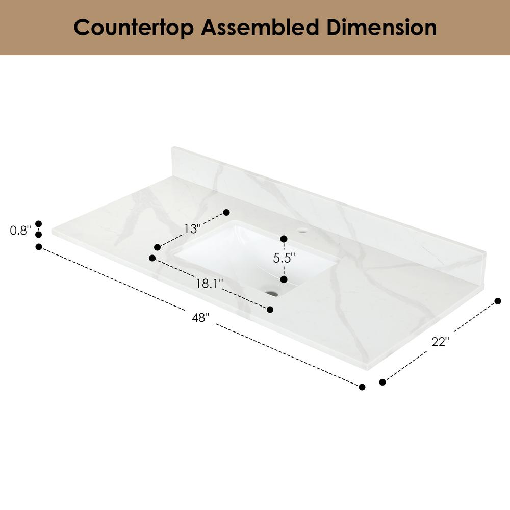 Arbios 48. in Quartz Stone Vanity Top in Calacatta White with White Sink