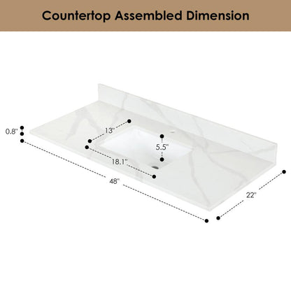 Arbios 48. in Quartz Stone Vanity Top in Calacatta White with White Sink