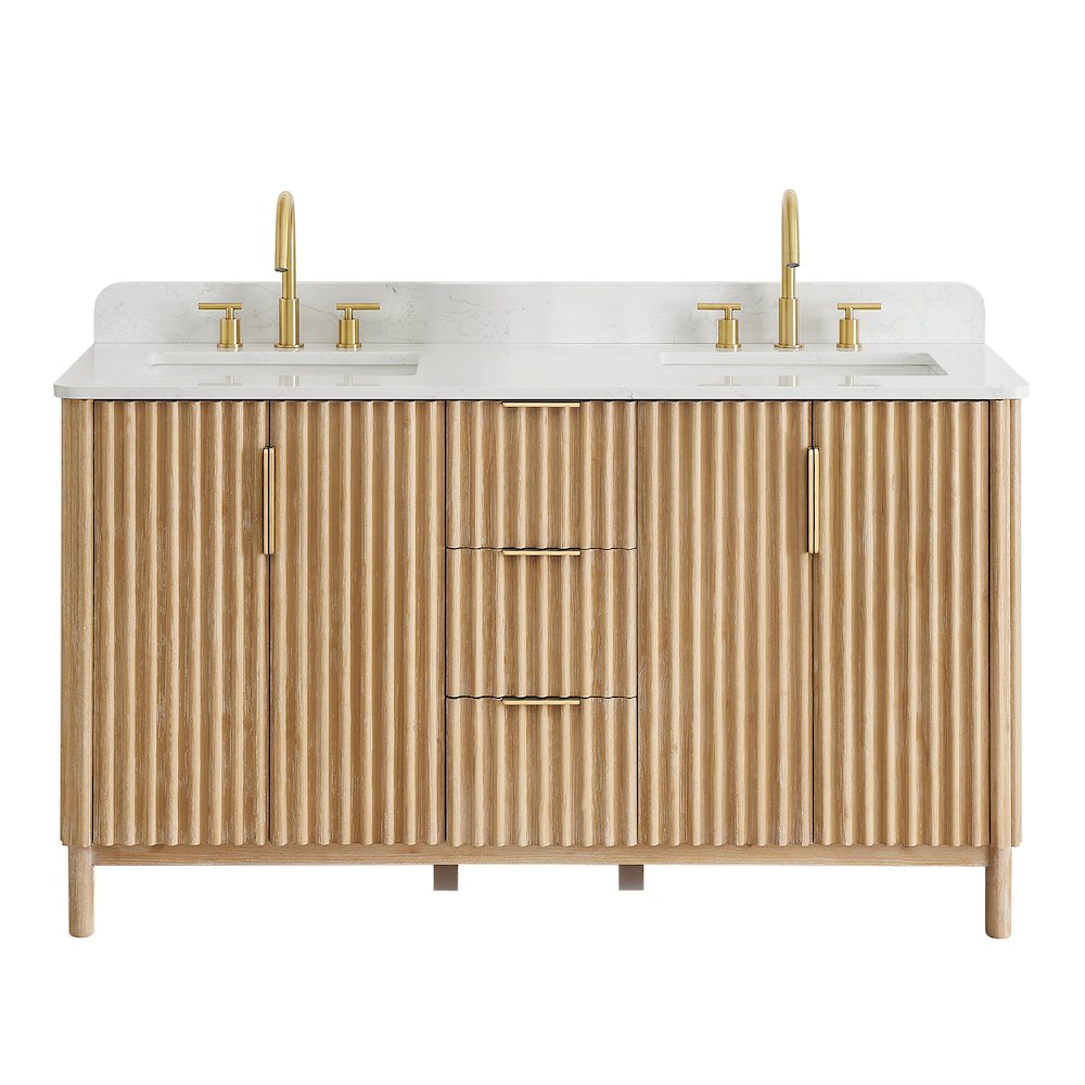 Double Bathroom Vanity in Washing Light Brown Grain White Engineered Stone