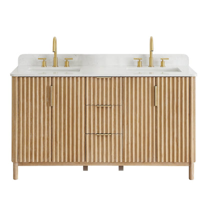 Double Bathroom Vanity in Washing Light Brown Grain White Engineered Stone