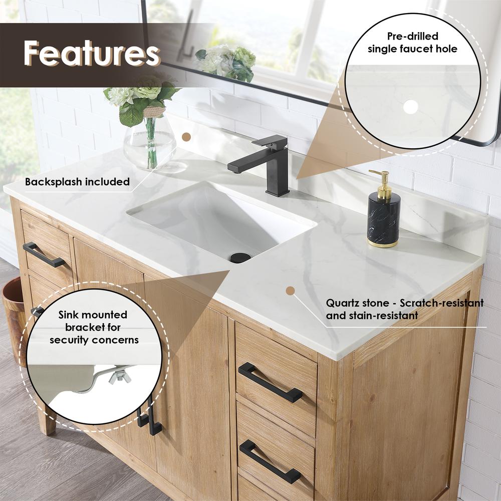 Arbios 48. in Quartz Stone Vanity Top in Calacatta White with White Sink