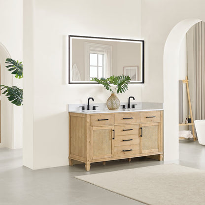 60" Double Bathroom Vanity in with Grain White Engineered Stone Countertop