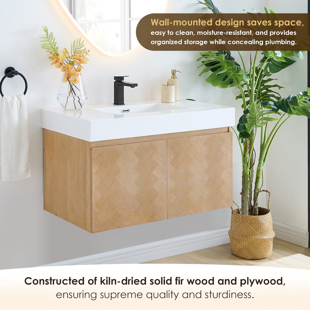 Single Bathroom Vanity in Light Brown White Artificial Drop-in Sink