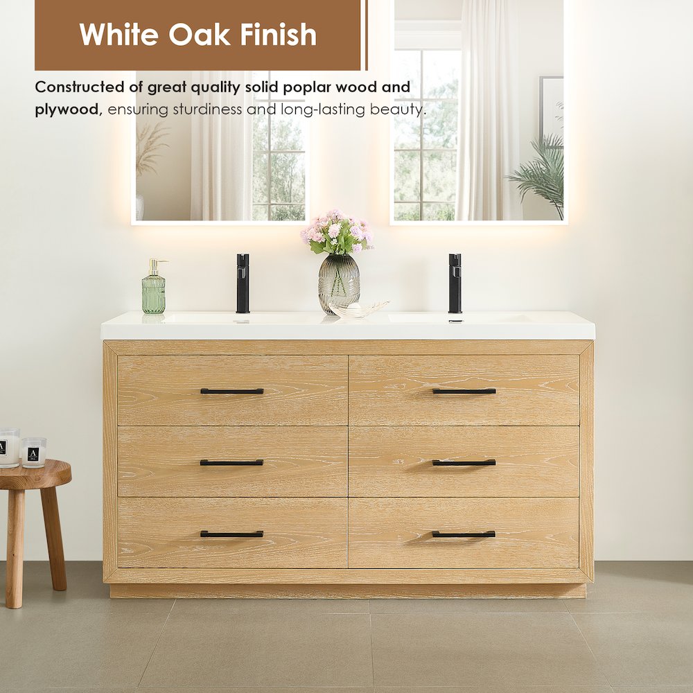 60" Double Bathroom Vanity in White Oak with White Artificial Drop-in Sink