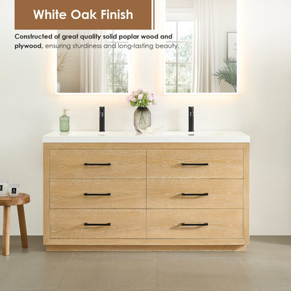 60" Double Bathroom Vanity in White Oak with White Artificial Drop-in Sink