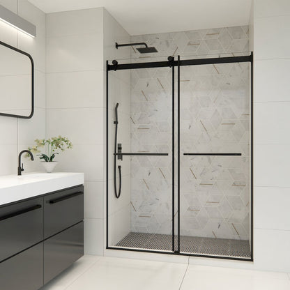 Frameless Exposed Roller Shower Door in Matte Black with Clear Glass