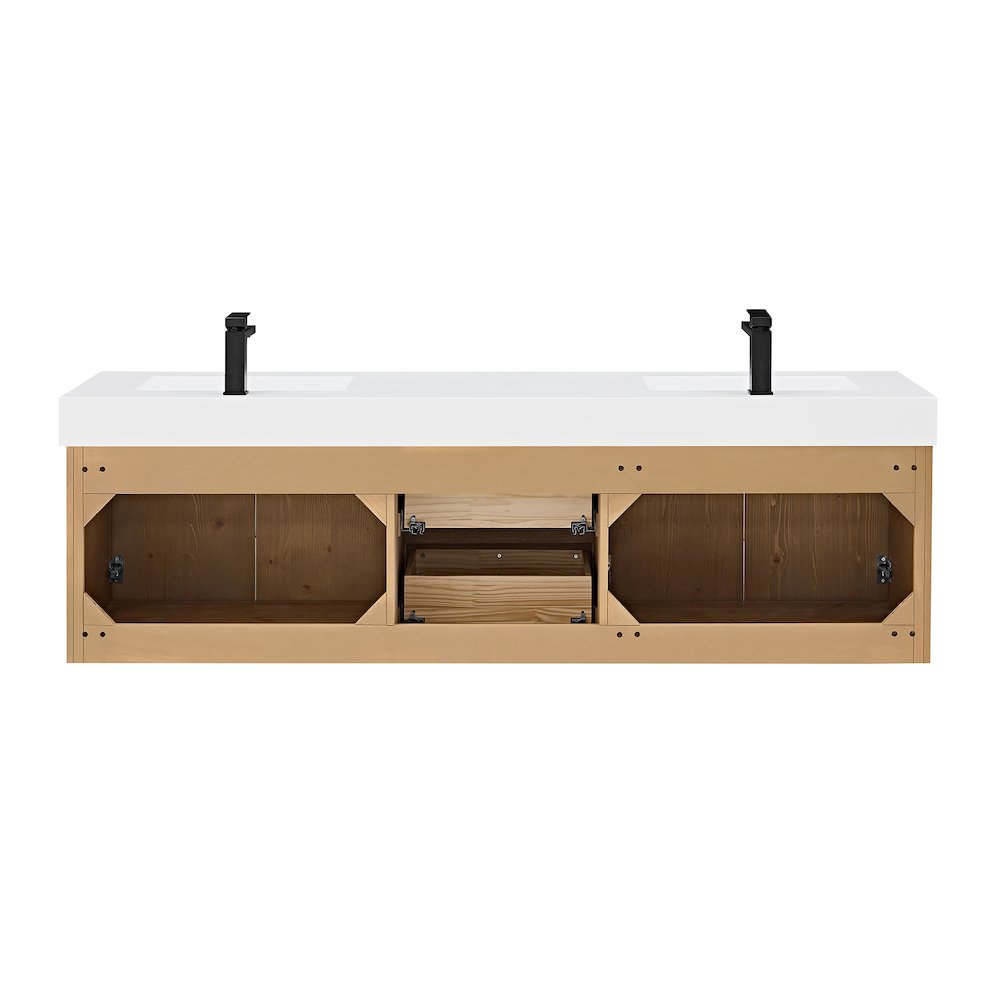 Double Bathroom Vanity in Light Brown White Artificial Drop-in Sink