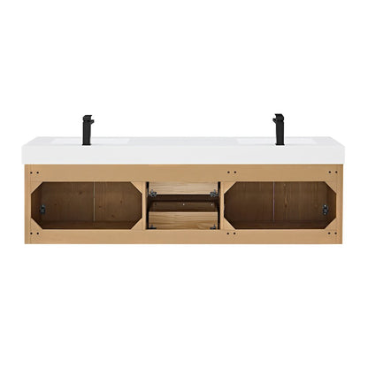 Double Bathroom Vanity in Light Brown White Artificial Drop-in Sink