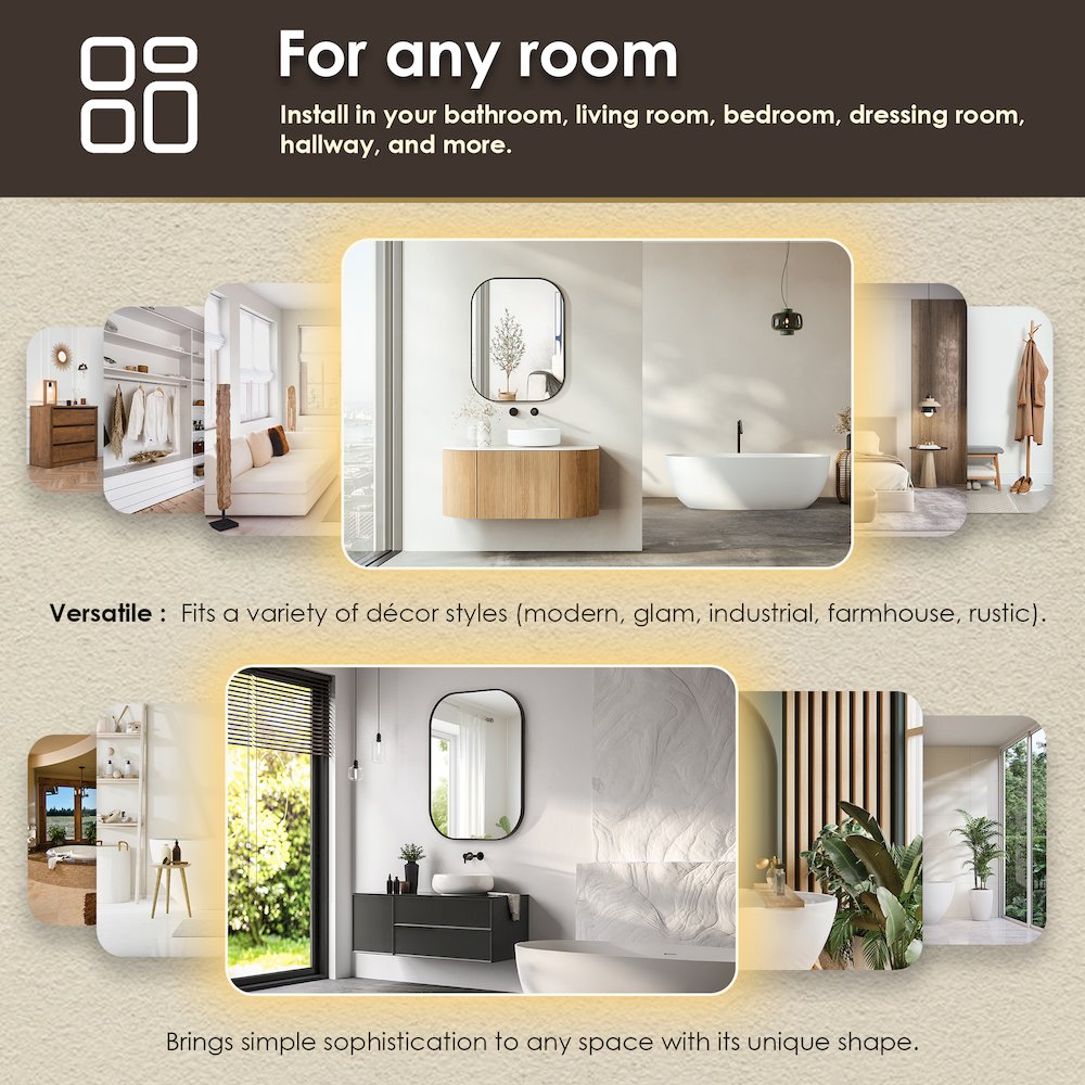 24x32" Rectangular Aluminum Framed in Matte Black Modern Bathroom Wall Mirror