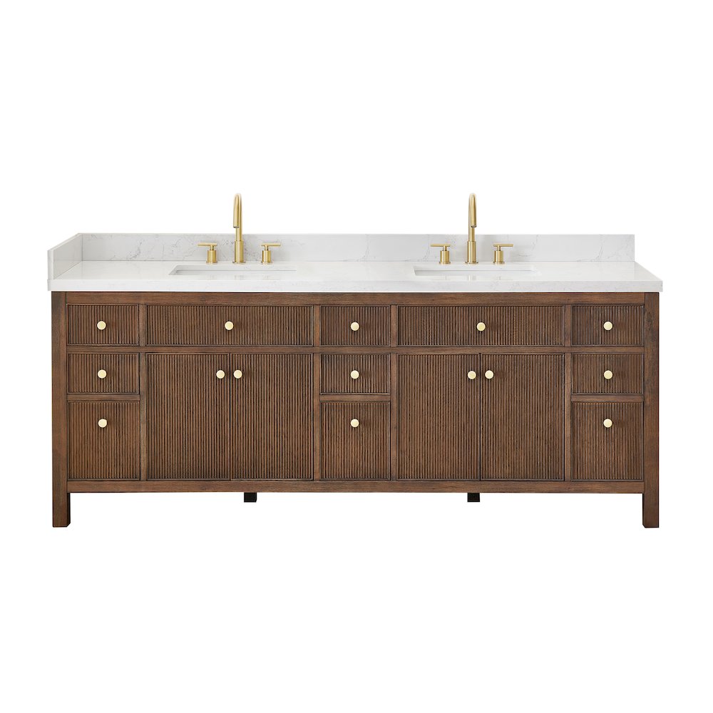 Double Bathroom Vanity in Brown Oak Grain White Engineered Stone Countertop
